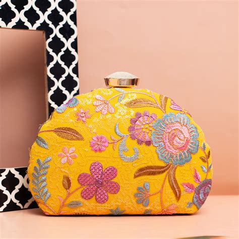 Yellow Floral Threadwork Party Clutch - Artklim