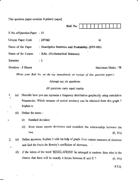 Descriptive Statistics and Probability Exam Paper (STP-101) - B.Sc. I ...
