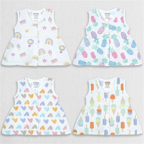 1st Step 100% Soft Muslin Cotton Button Baby Frock - Pack Of 4 - New B