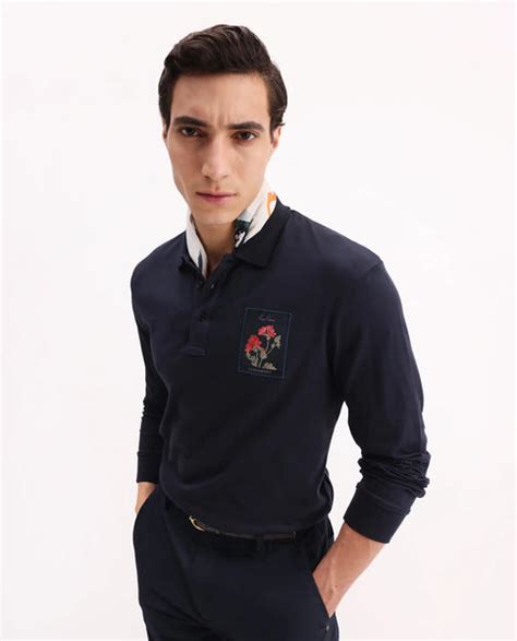 Rare Rabbit Men's Raz Navy Collared Neck Statement Chest Label Full Sl