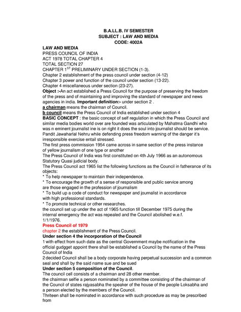 B.A.LL.B. IV SEM (LAW AND Media) BL-4002A Topic- Press Council OF India ...
