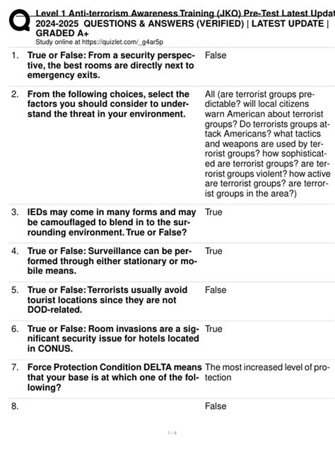 Level 1 Anti-terrorism Awareness Training (JKO) Pre-Test Latest Update ...
