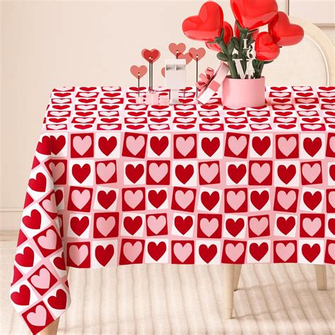 Amazon.com: Valentine's Day Rectangle Tablecloth Red Pink Heart Fabric ...