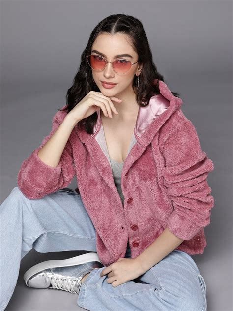 Buy Women Pink Faux Fur Front Button Hooded Jacket Online at Sassafras