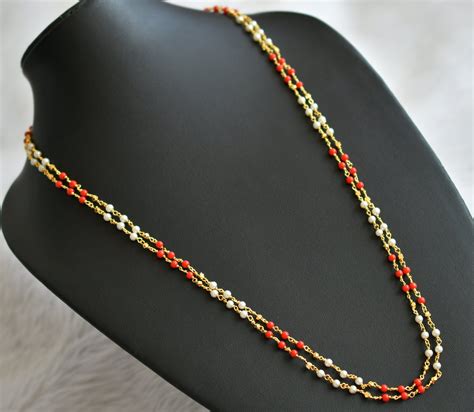Gold tone 24 inches double layer coral-pearl chain dj-45530 – dreamjwell