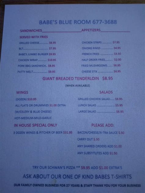 Menu at Babe's Blue Room pub & bar, Ormond Beach