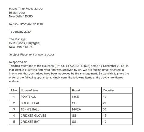 write a letter to Delhi sports, daryagonj, new Delhi. placing an order ...