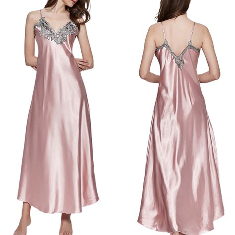 KelaJuan Women Satin Long Nightgowns Silk Lace Sexy Lingerie Sleeveless ...