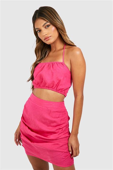 Linen Look Ruched Halter Neck Bralette & Mini Skirt | boohoo UK