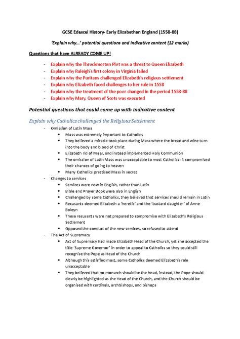 Edexcel GCSE History Paper 1HI0/B: Early Elizabethan England Exam 2023 - Studocu