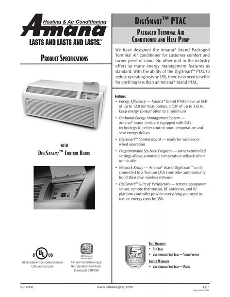 Product SPecificationS - Amana PTAC