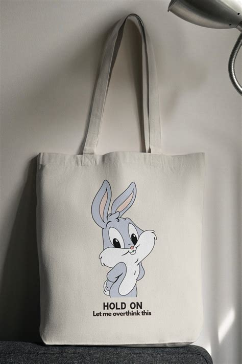 White Hold on let me overthink Bunny Aesthetic Floral Tote Bag with Zi ...