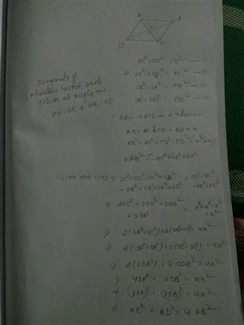 In a rhombus, prove that 4 times the square of any sides is equal to ...
