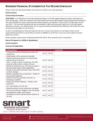 Fillable Online BUSINESS FINANCIAL STATEMENTS & TAX RETURN CHECKLIST ...
