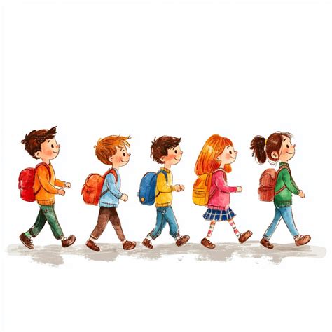 Children illustration featuring school student walking in a line ...