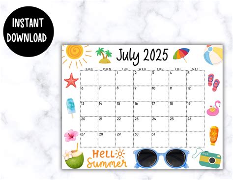 EDITABLE July Calendar 2025 | Cute Printable July Calendar W/ Rainbow ...