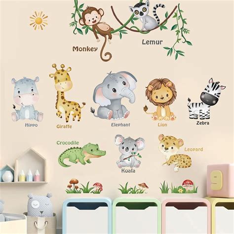 decalmile Jungle Animals Wall Decals Monkey Elephant Lion Giraffe Wall ...