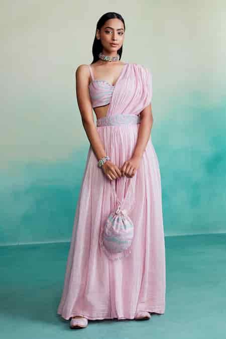 Buy Pink Chanderi, Linen Cut Work, Embroidery Bloomsy Draped Skirt With ...