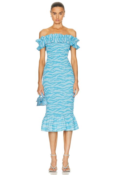 Ganni Off The Shoulder Smock Midi Dress in Ethereal Blue | FWRD