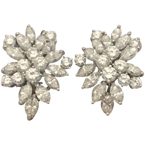 Pair of Platinum and Diamond Cluster Earrings For Sale at 1stDibs