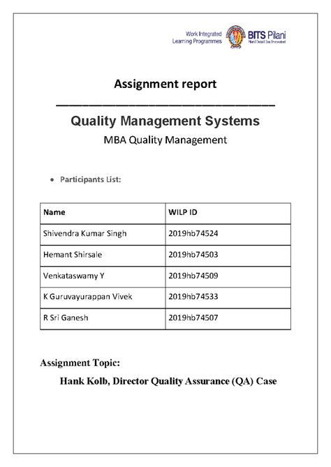 Hank Kolb QA Case Study: Quality Management System Analysis for MBA ...