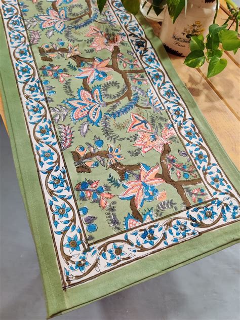 Sage Green Hand Block Printed Cotton Table Runner – Desi Weaves