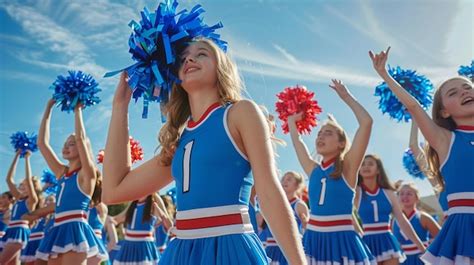Arafed cheerleaders in blue and red cheer their team during a game ...