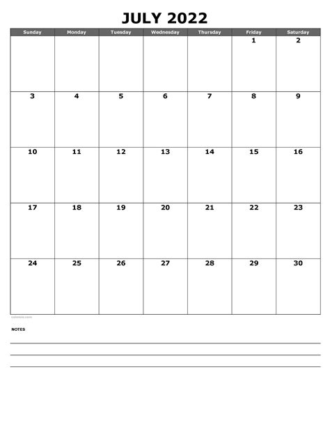 2022 Monthly Calendar Printable July