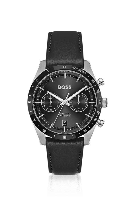 BOSS - Tourmaster Black-dial watch with black leather strap - Black
