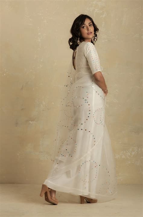 Pearl White Organza Saree (Blouse Optional) – charkhee