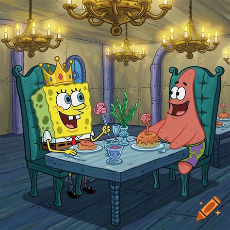 Spongebob and Patrick at a dinner table, Spongebob wearing a crown on ...