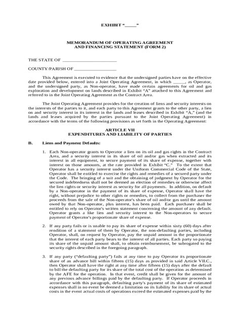 Memorandum of Operating Agreement and Financing Statement - Blank ...