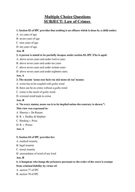 IPC Question BANK - law exam - Multiple Choice Questions SUBJECT: Law ...