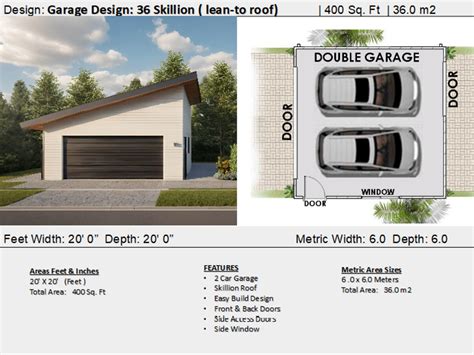 Construction Plan#36 Garage Skillion: Detached 20' X 20' Two-car Garage ...