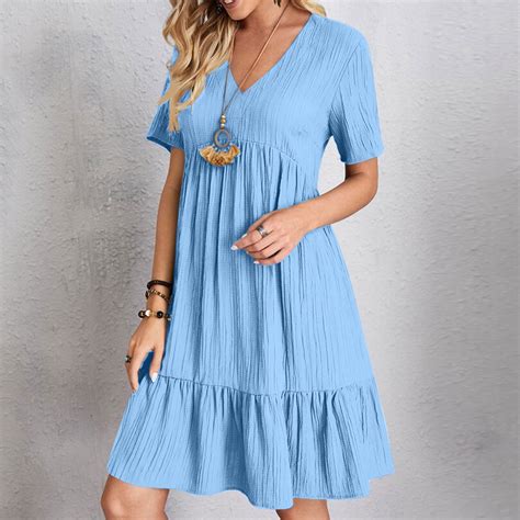 Sakmal A Line Summer Dresses Blue Midi T Shirt Pleated Dress Elegant V ...