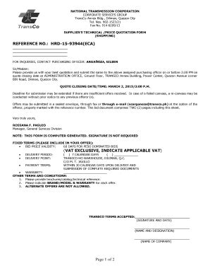 Fillable Online 9146209/13 SUPPLIERS TECHNICAL /PRICE QUOTATION FORM ...