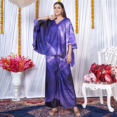 Berry Blue Leaf Printed Kaftan Style Co-Ord Set