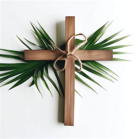 A christian wooden cross crucifix sign with green palm leaves as ...