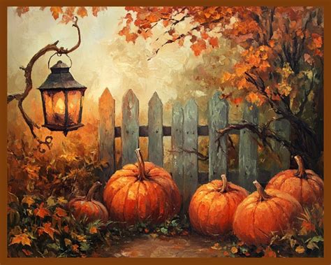 Rustic Pumpkin Patch Painting: Autumn Lantern Art (digital Download ...