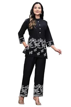 Women's Cotton Fabric Mandarin Collar 3/4 Sleeves Embroidered Co-ord ...