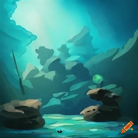 Illustration of an underwater landscape with a harpoon stuck in a rock on Craiyon