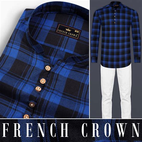 Smalt Blue Casual Checks-Plaid Premium Cotton Indian Kurta Style Shirt ...