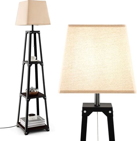 Tangkula Shelf Floor Lamp, Modern Wood Square Standing Lamp with 3 ...