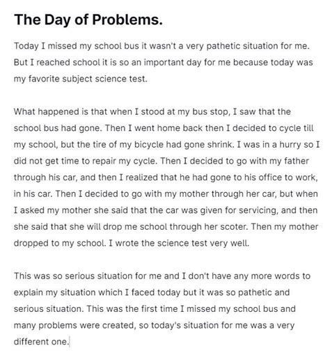 Story writing: today you missed your school bus. But you reached school ...