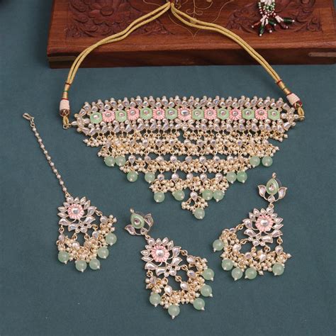 Sukkhi Multi Gold Plated Kundan & Pearl Choker Necklace Set For Women ...
