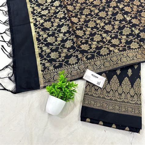 Black Parvat Buti Satin Silk Banarasi Suit – Mohsin Textiles
