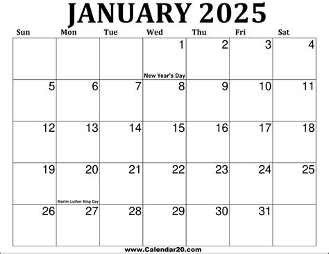 Free Printable Printable January 2025 Calendar