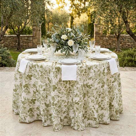French Toile 120" Round Tablecloth - Olive Green - CV Linens™
