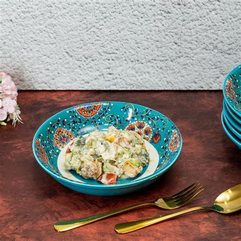 Majestic Teal Blue Peacock Serving Deep Ceramic Plates (8 Inch) (Pack ...
