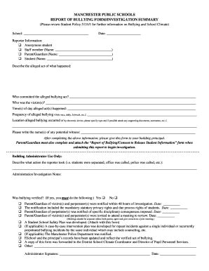 Fillable Online REPORT OF BULLYING FORM/INVESTIGATION SUMMARY Fax Email ...